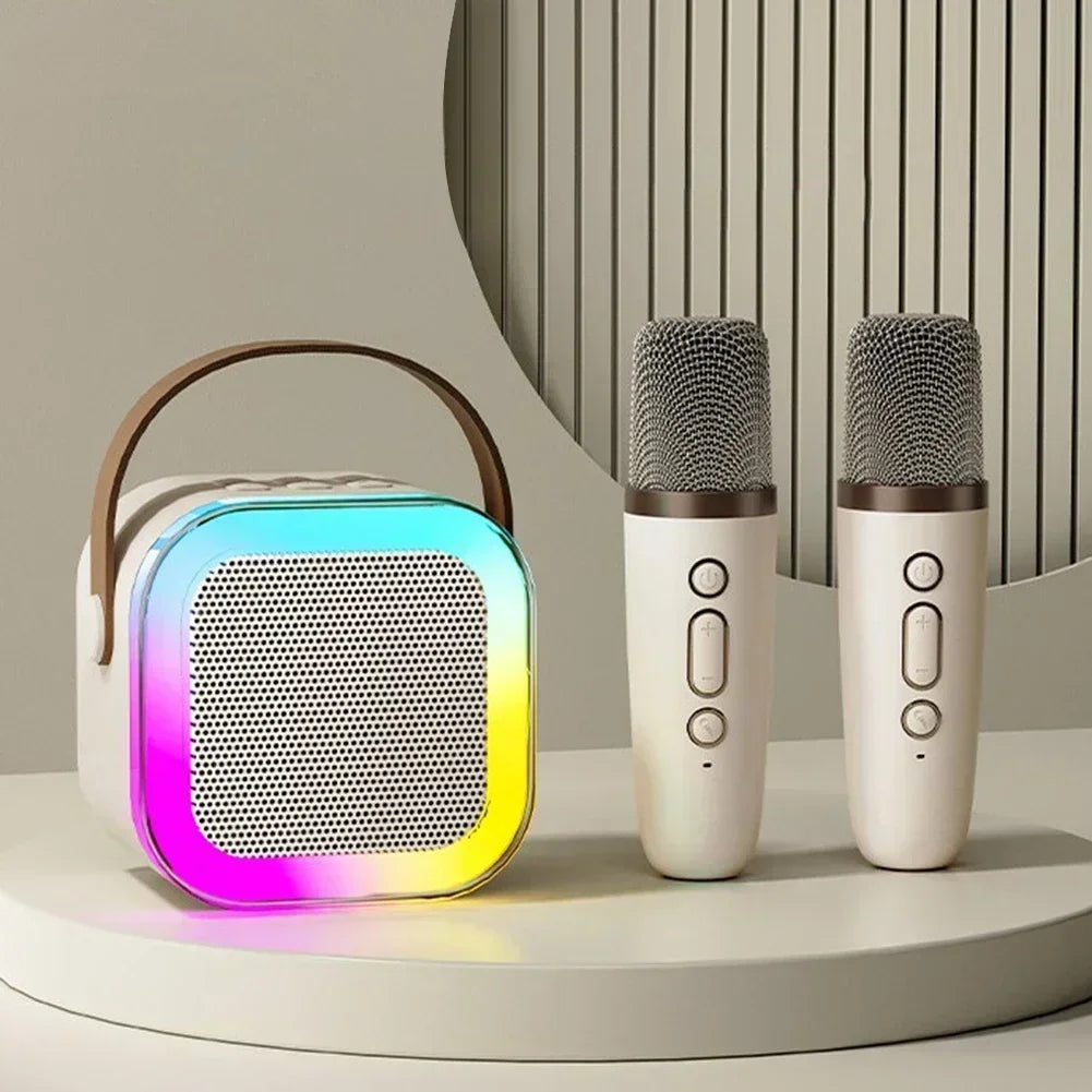 Moktan Sabai Bluetooth Karaoke Machine for Kids & Family with Wireless Mics LED Lights Beige 2 Mic