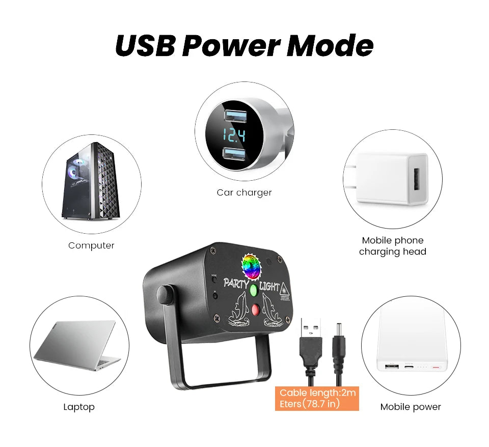 Moktan Sabai USB Laser Party Light Mini Projector 60 Patterns Sound Activated Disco Decor