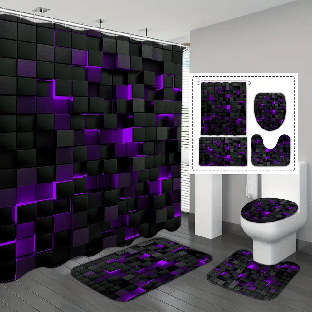 Moktan Sabai 4-Piece Waterproof Shower Curtain Set with Hooks & Bathroom Floor Mats Blue Black Dark Purple-4pcs 180*180cm