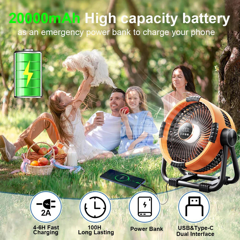 Moktan Sabai Outdoor Essentials | Rechargeable Camping Fan with LED Light & Power Bank | 20000mAh Battery for Extended Use