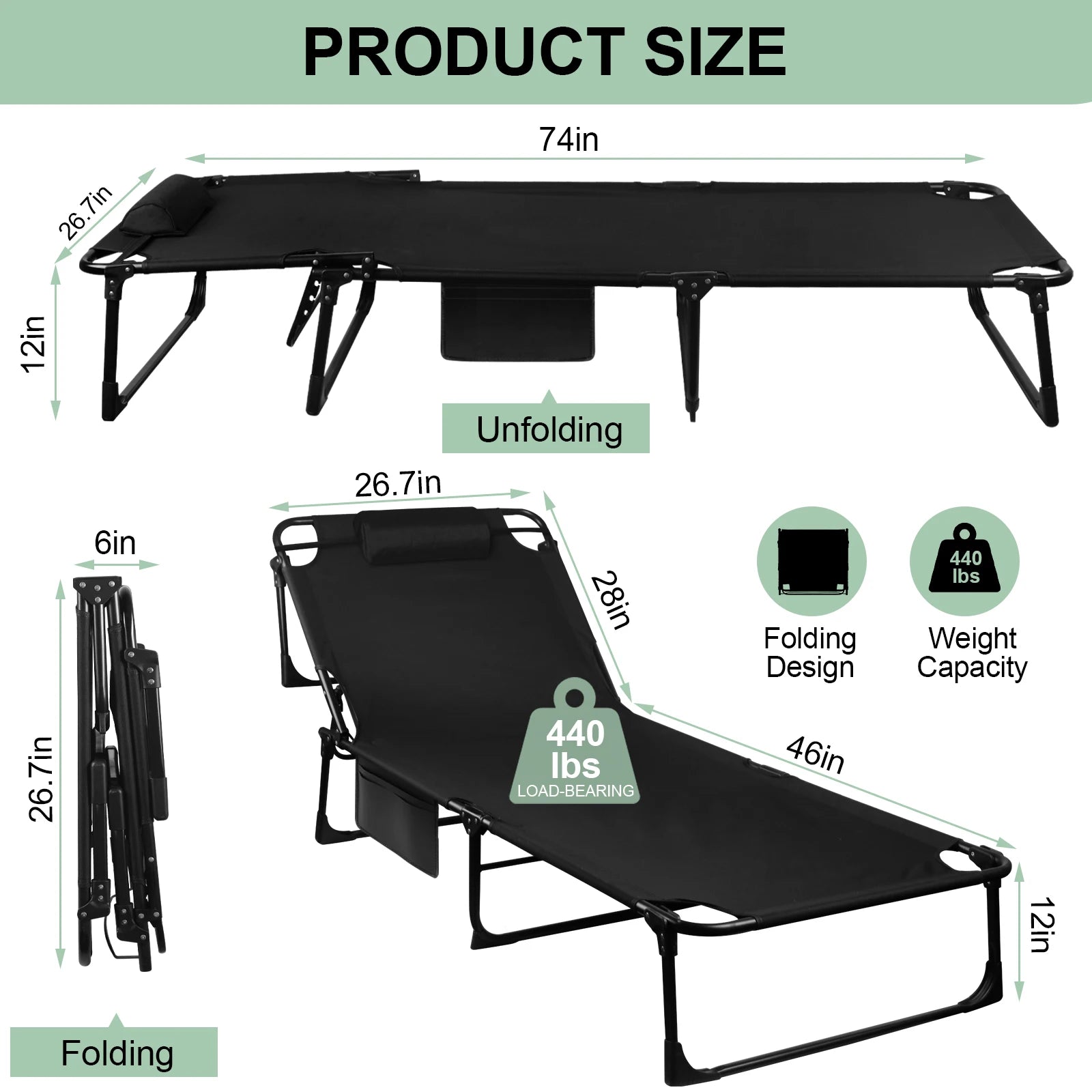 Moktan Sabai Portable Folding Camping Cot Adjustable Reclining Lounge Chair with Pillow