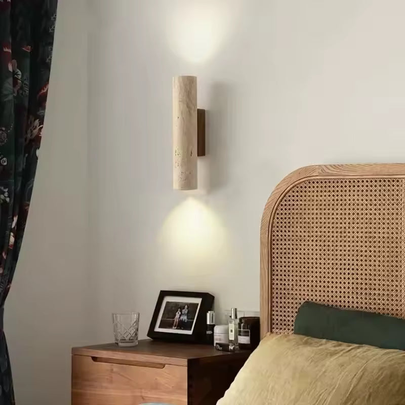 Moktan Sabai Modern Travertine Marble Cylinder LED Wall Sconce Warm White