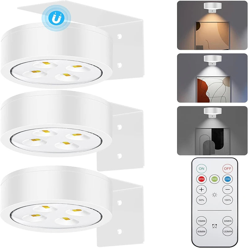 Moktan Sabai 3 Pack Magnetic Picture Lights with Remote Dimmable Battery Art Wall Lights 3pcs-White
