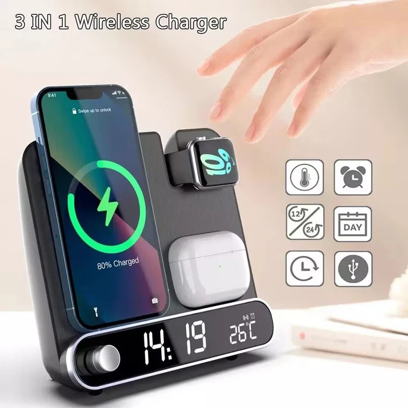 Moktan Sabai 3-in-1 Wireless Charging Station with Alarm Clock Fast Charger for iPhone & Watch
