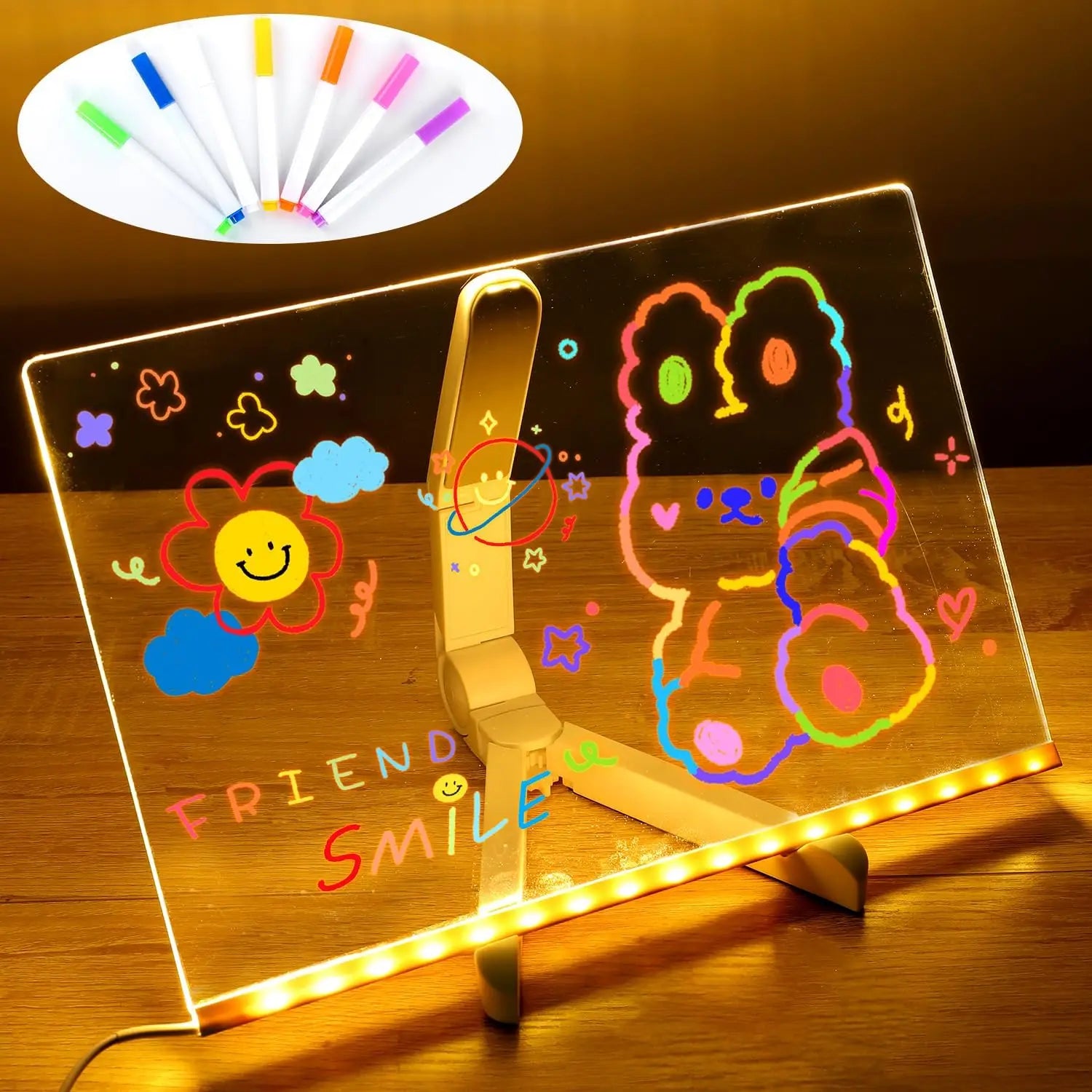 Moktan Sabai LED Kids Message Board – Colorful DIY Acrylic Drawing Board with 7 Pens Gift