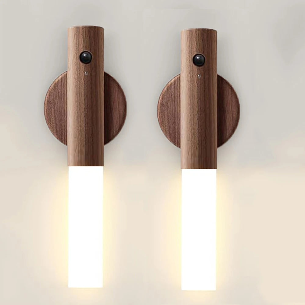 Rechargeable Motion Sensor Wall Sconce – Magnetic Wooden Night Light for Bedroom