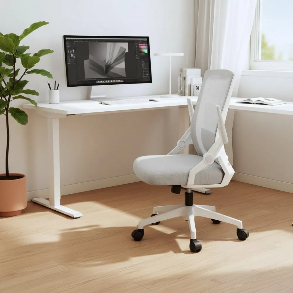 Moktan Sabai Ergonomic Mesh Office Chair Flip-Up Armrests Lumbar Support Wide Seat White