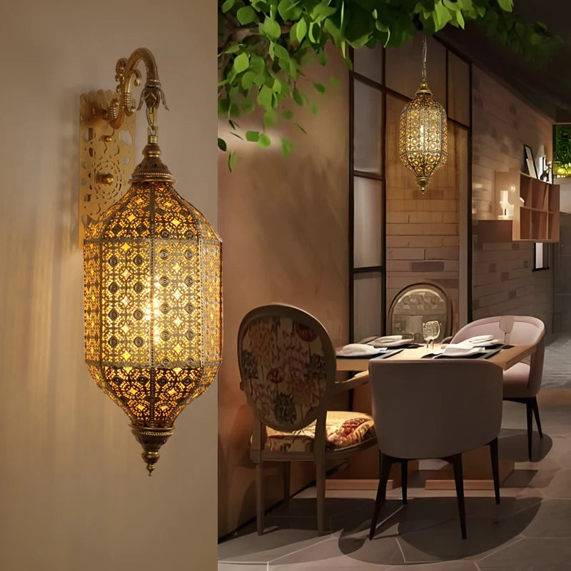 Moktan Sabai Turkish Golden Iron Wall Lamp Handmade Openwork Vintage Hallway Bedroom Decor 6-10W