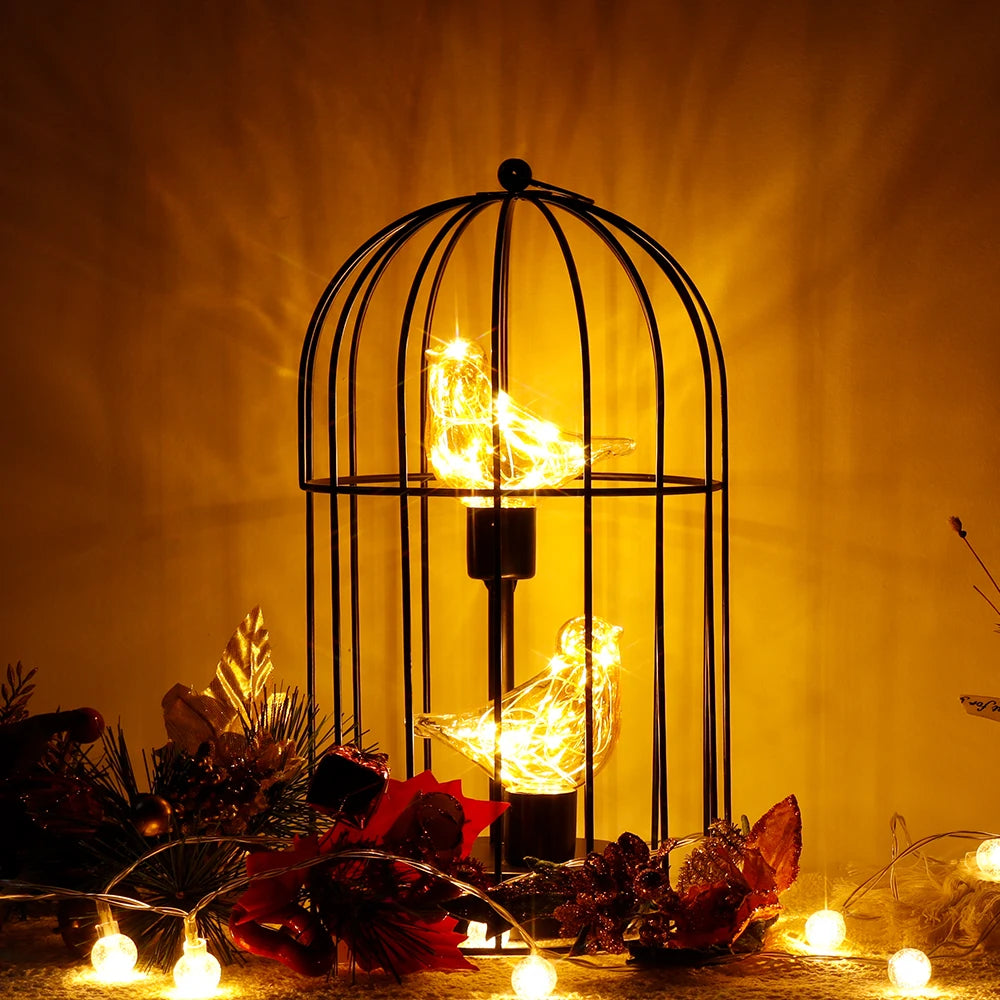Moktan Sabai Birdcage Table Lamp Battery Operated Cordless Fairy Light Bird LED Home Decor