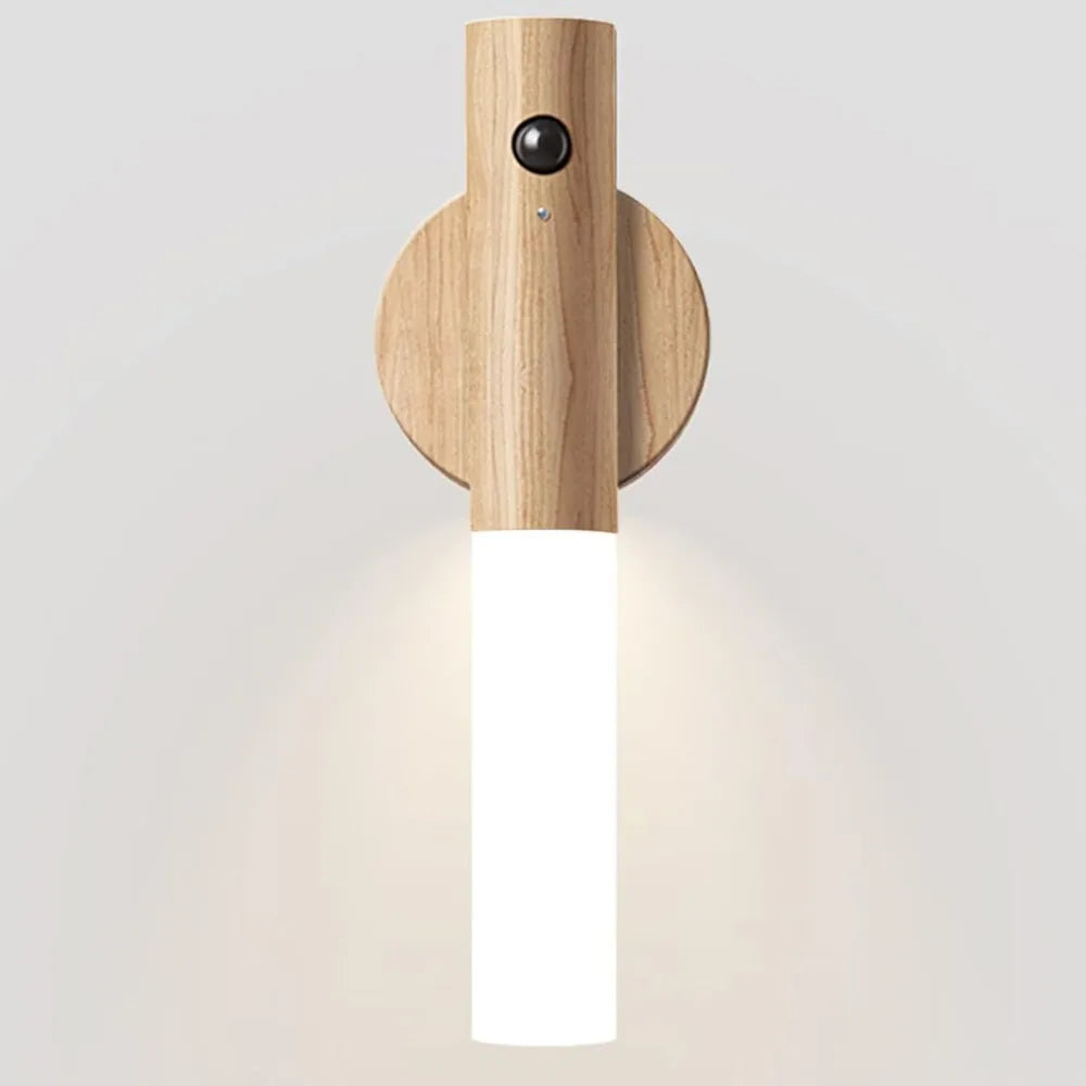 Rechargeable Motion Sensor Wall Sconce – Magnetic Wooden Night Light for Bedroom