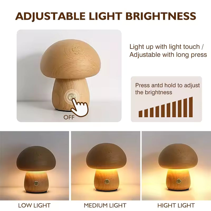 Mushroom Bedside Lamp – Touch-Controlled Dimmable Beech Wood Nightstand Light