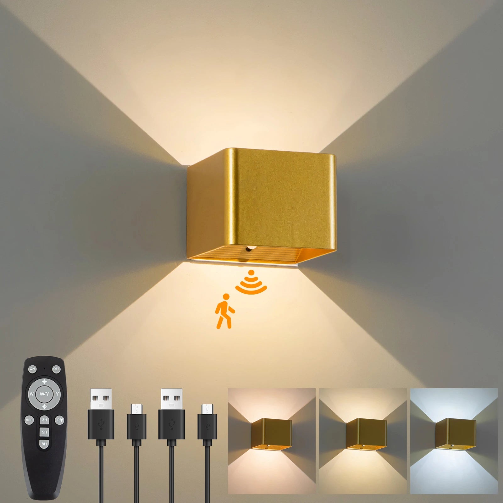 Moktan Sabai Battery Operated LED Wall Light Motion Sensor Remote Rechargeable Bedroom Golden
