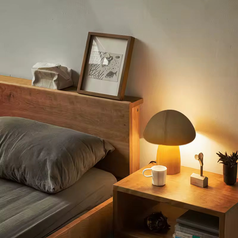 Moktan Sabai Mushroom Bedside Lamp – Touch-Controlled Dimmable Beech Wood Nightstand Light