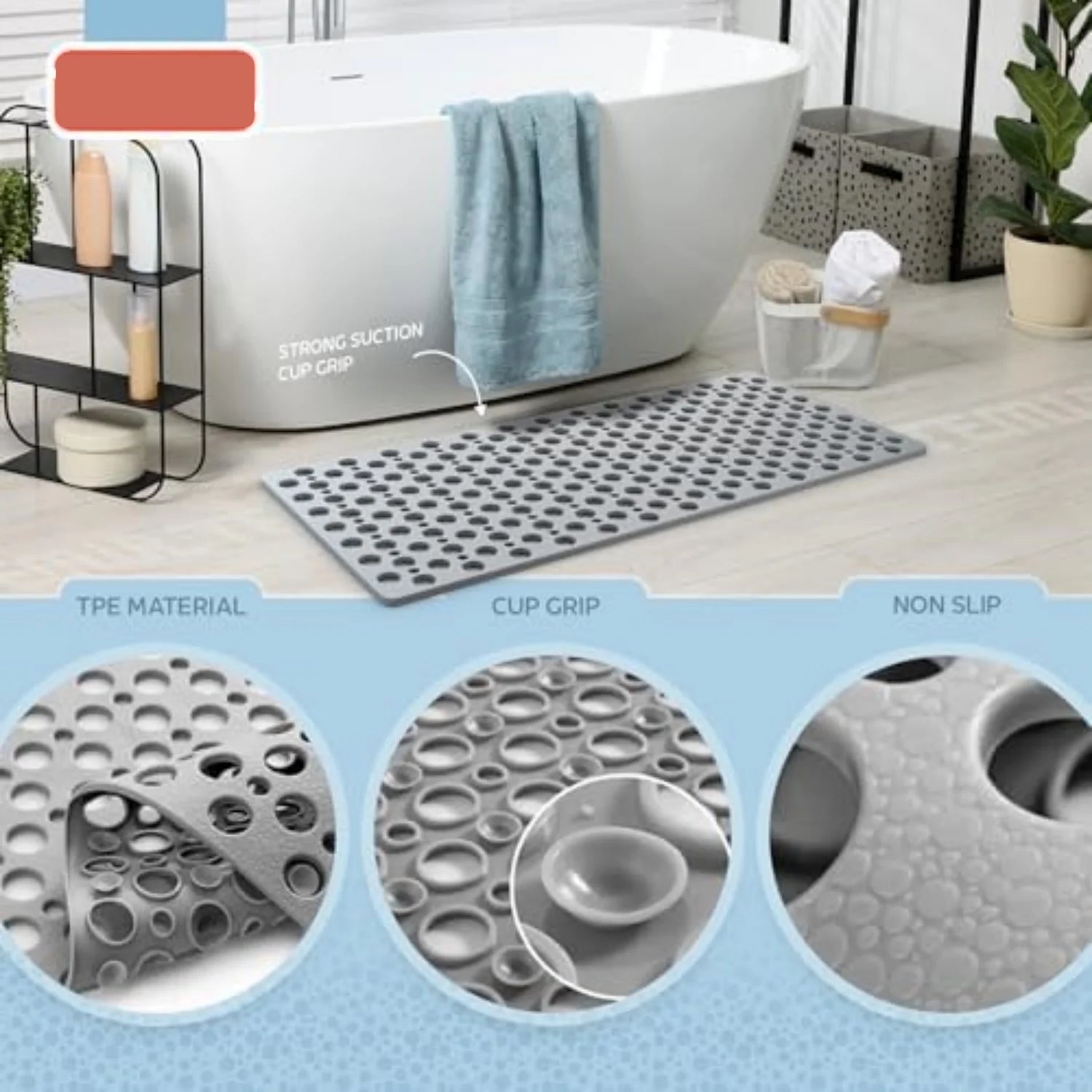 Moktan Sabai Non Slip Bathtub Shower Mat with Suction Cups Drain Holes 30x17 Inch