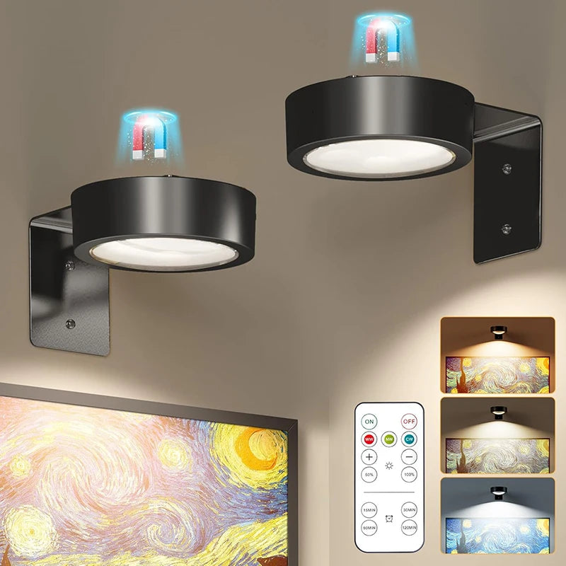 Moktan Sabai 3 Pack Magnetic Picture Lights with Remote Dimmable Battery Art Wall Lights