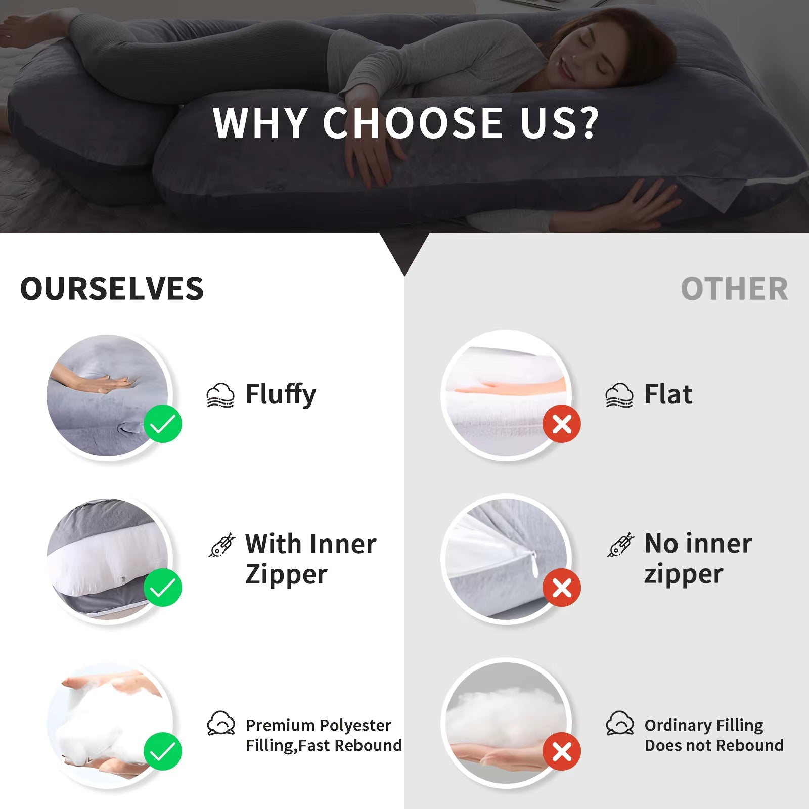 Moktan Sabai U-Shaped Full Body Pillow Side Sleeper Support Cushion 155cm Grey