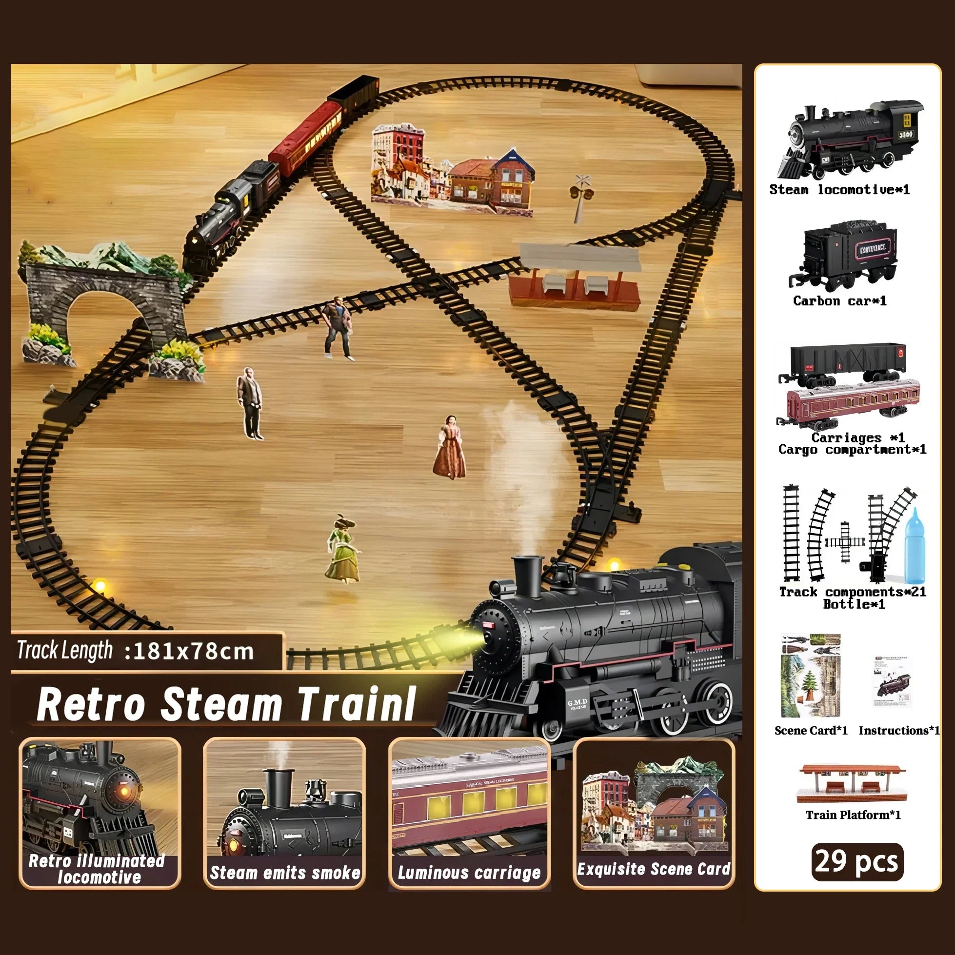 Moktan Sabai Kids Electric Train Set with Steam Smoke Lights Sounds Battery Powered