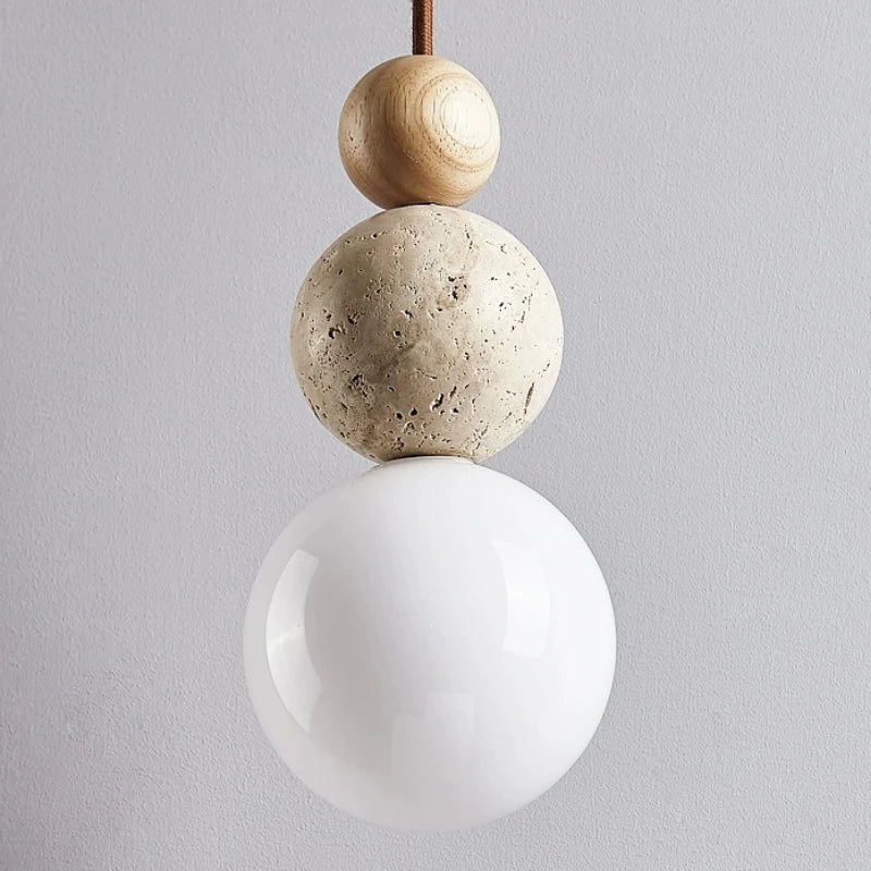 Moktan Sabai Wabi Sabi LED Pendant Light Stone Wood Modern Chandelier for Living Room walnut color Warm White