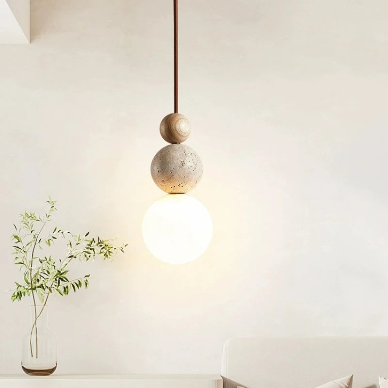 Moktan Sabai Wabi Sabi LED Pendant Light Stone Wood Modern Chandelier for Living Room