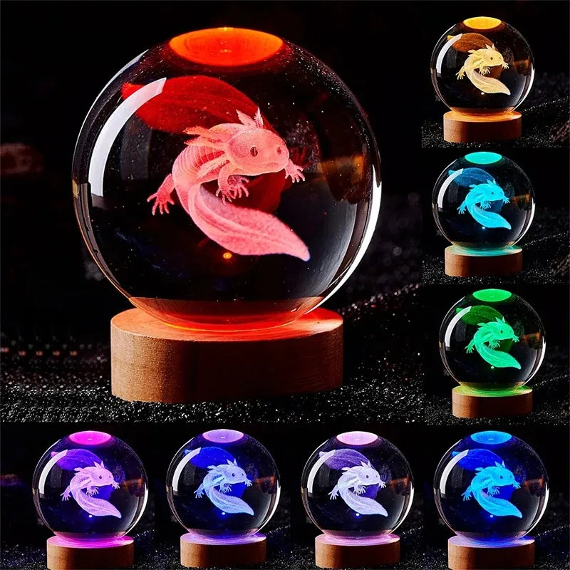 Moktan Sabai 3D Axolotl Crystal Ball Night Light | LED Laser Engraved Glass Decor Lamp Gift
