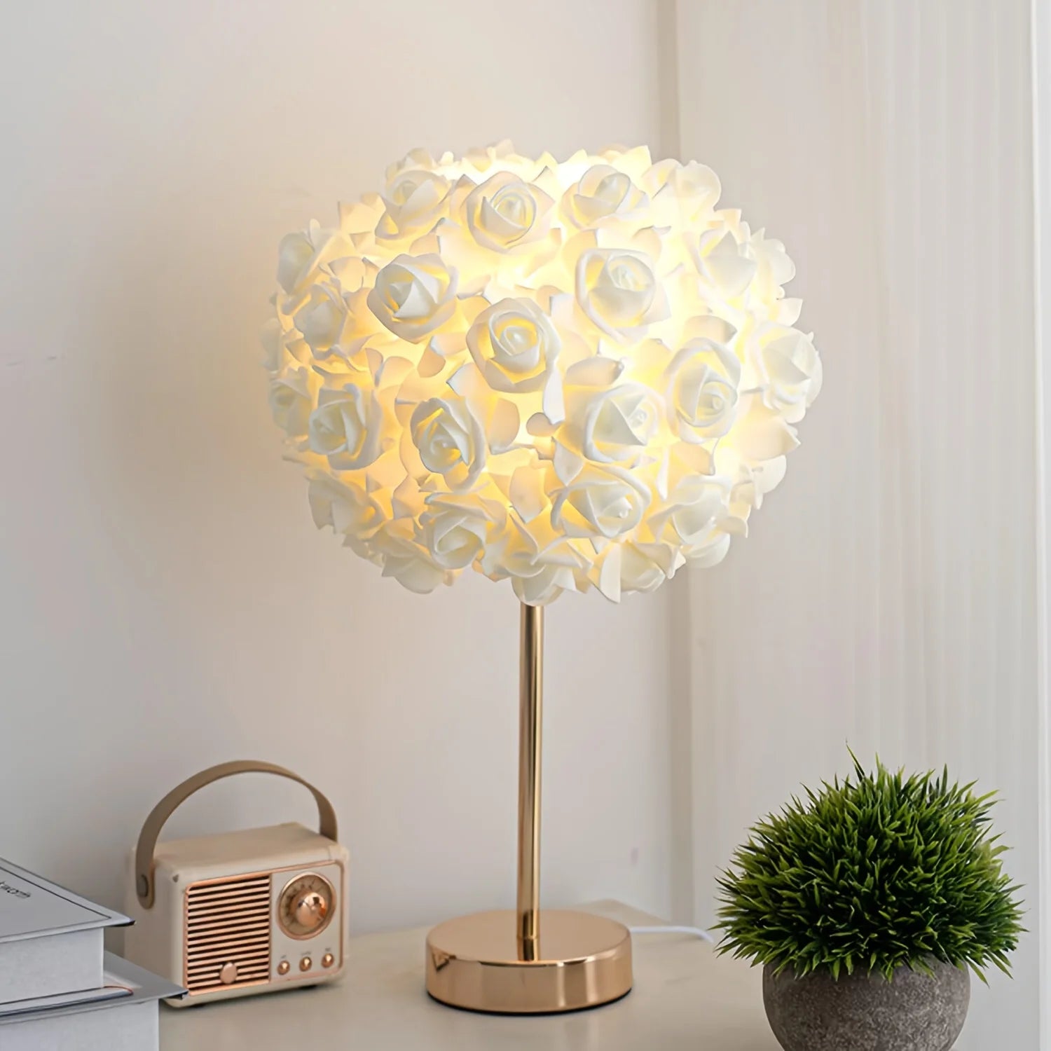 Moktan Sabai LED Rose Flower Table Lamp Bedside Night Light Metal Base Living Room Decor White