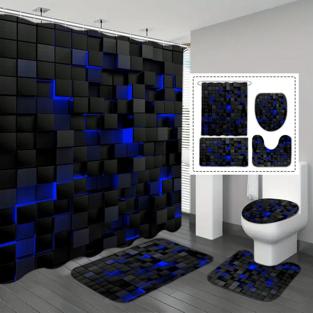 Moktan Sabai 4-Piece Waterproof Shower Curtain Set with Hooks & Bathroom Floor Mats Blue Black Dark Blue-4pcs 180*180cm