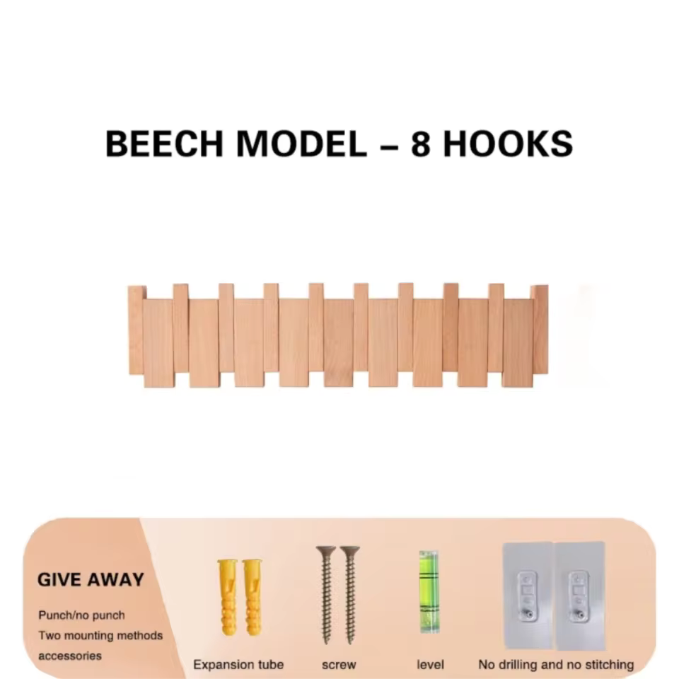 Moktan Sabai Wooden Piano Coat Rack Wall Mounted Solid Wood Hooks 4 6 8 Hook Organizer