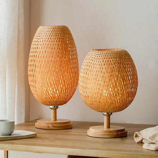 Natural Bamboo Rattan Table Lamp Hand-Woven Bedside Lamp for Bedroom & Living Room
