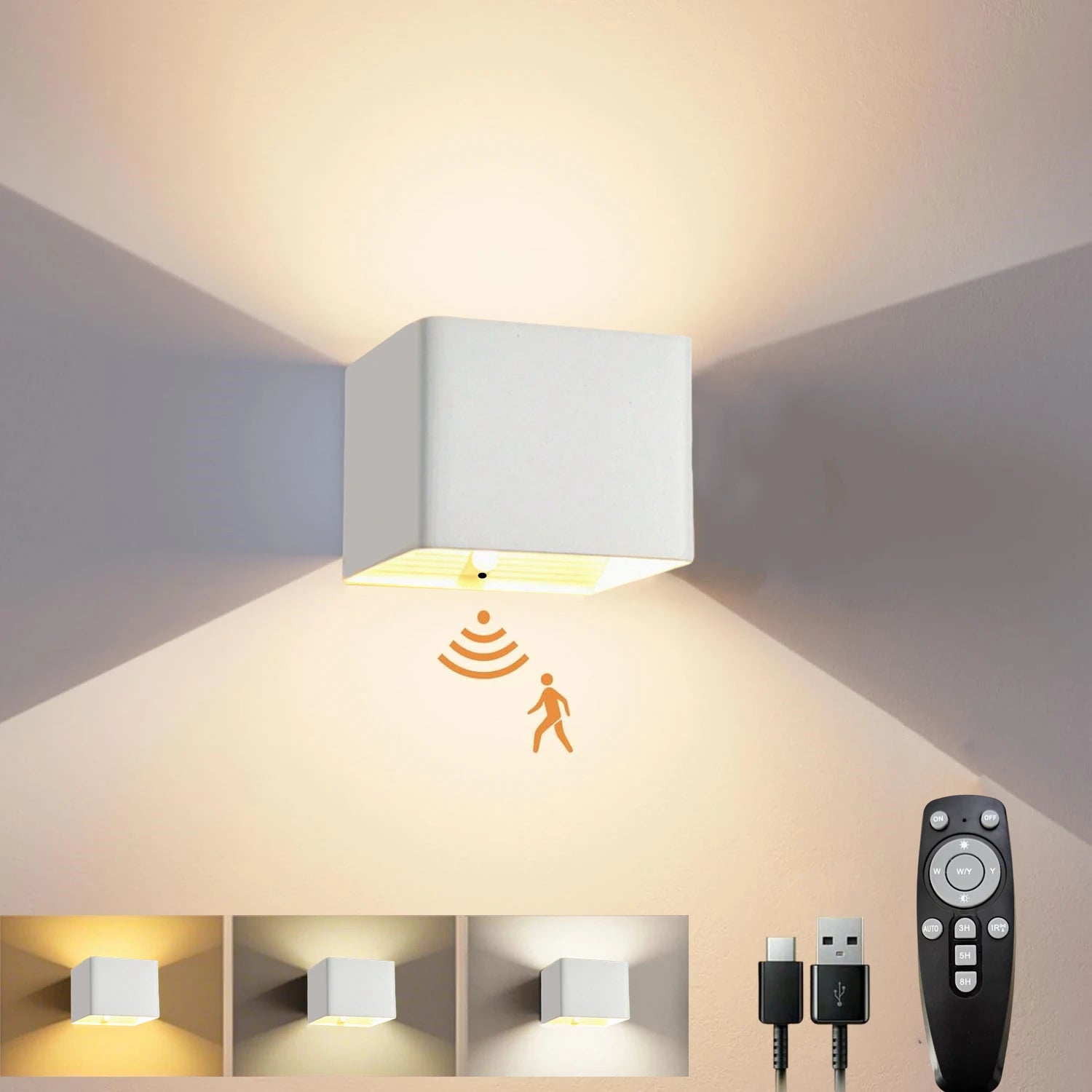 Moktan Sabai Battery Operated LED Wall Light Motion Sensor Remote Rechargeable Bedroom White