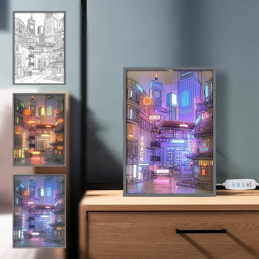 Moktan Sabai LED Cityscape Night View Light Painting USB Dimmable Wall Art Lamp Home Decor