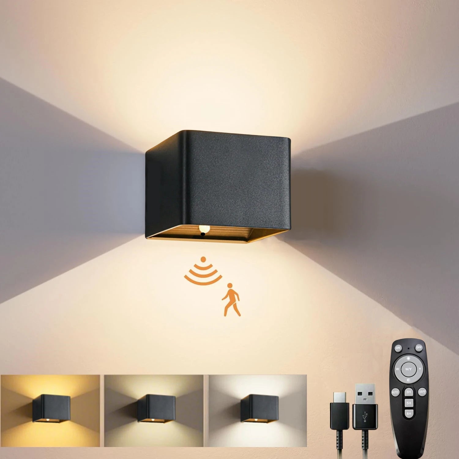 Moktan Sabai Battery Operated LED Wall Light Motion Sensor Remote Rechargeable Bedroom Black