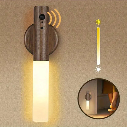 Rechargeable Motion Sensor Wall Sconce – Magnetic Wooden Night Light for Bedroom