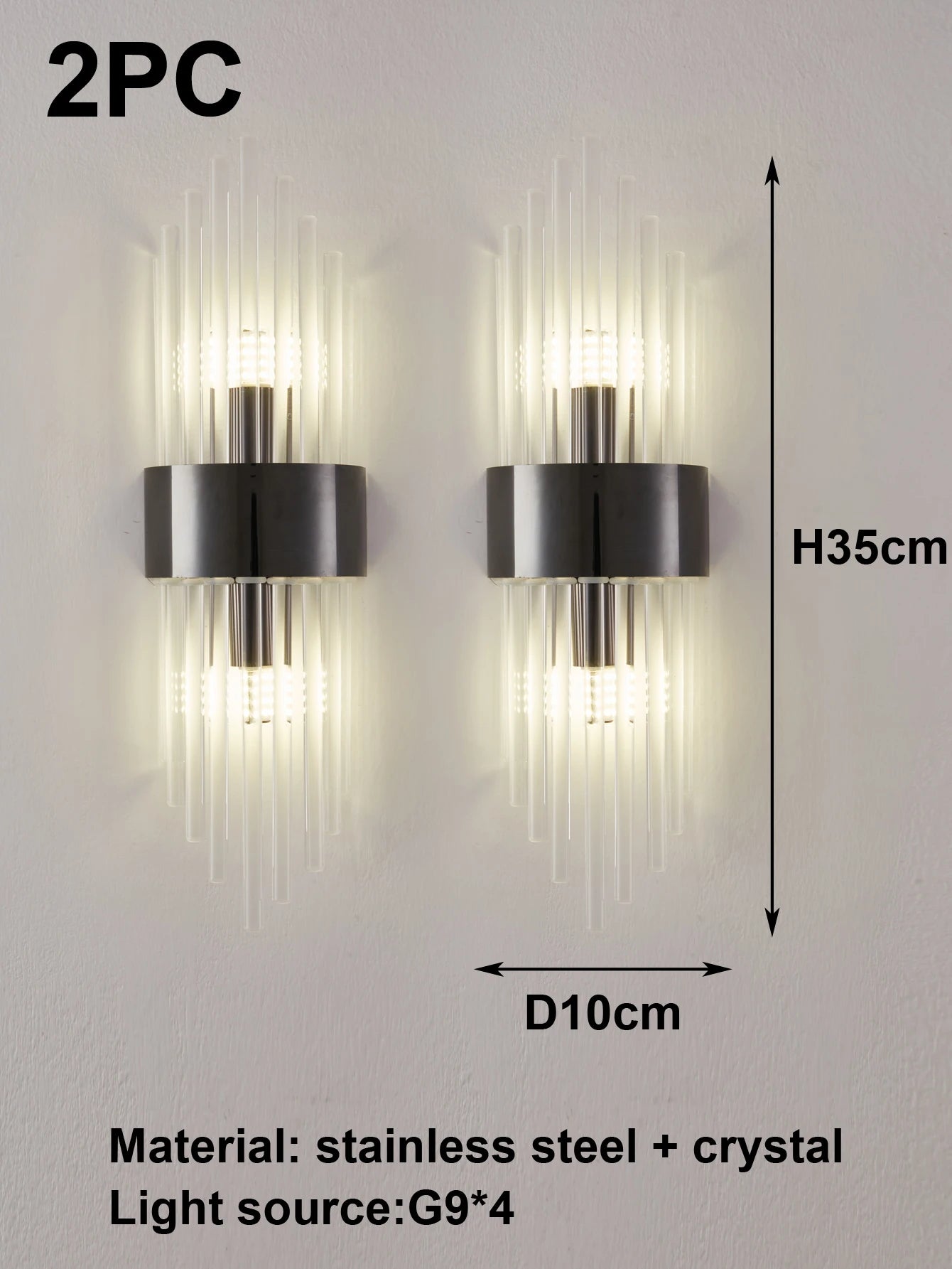 Moktan Sabai Crystal Wall Sconce G9 – Gold/Black Stainless Steel Light for Bedroom & Living Room Black-2pc