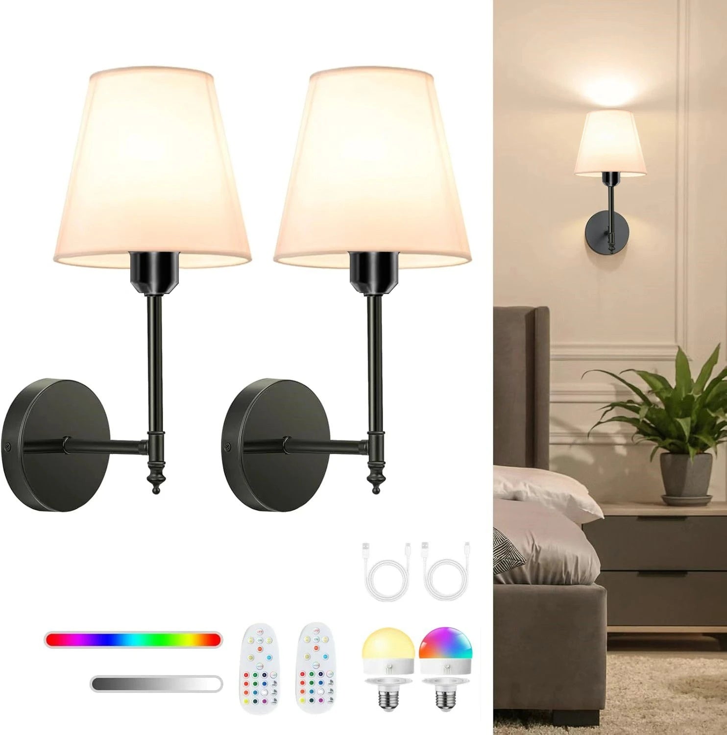 Moktan Sabai Wireless Wall Lamp – Rechargeable RGB Battery Light with Remote for Bedroom Decor Black -2Pack 15Rgb