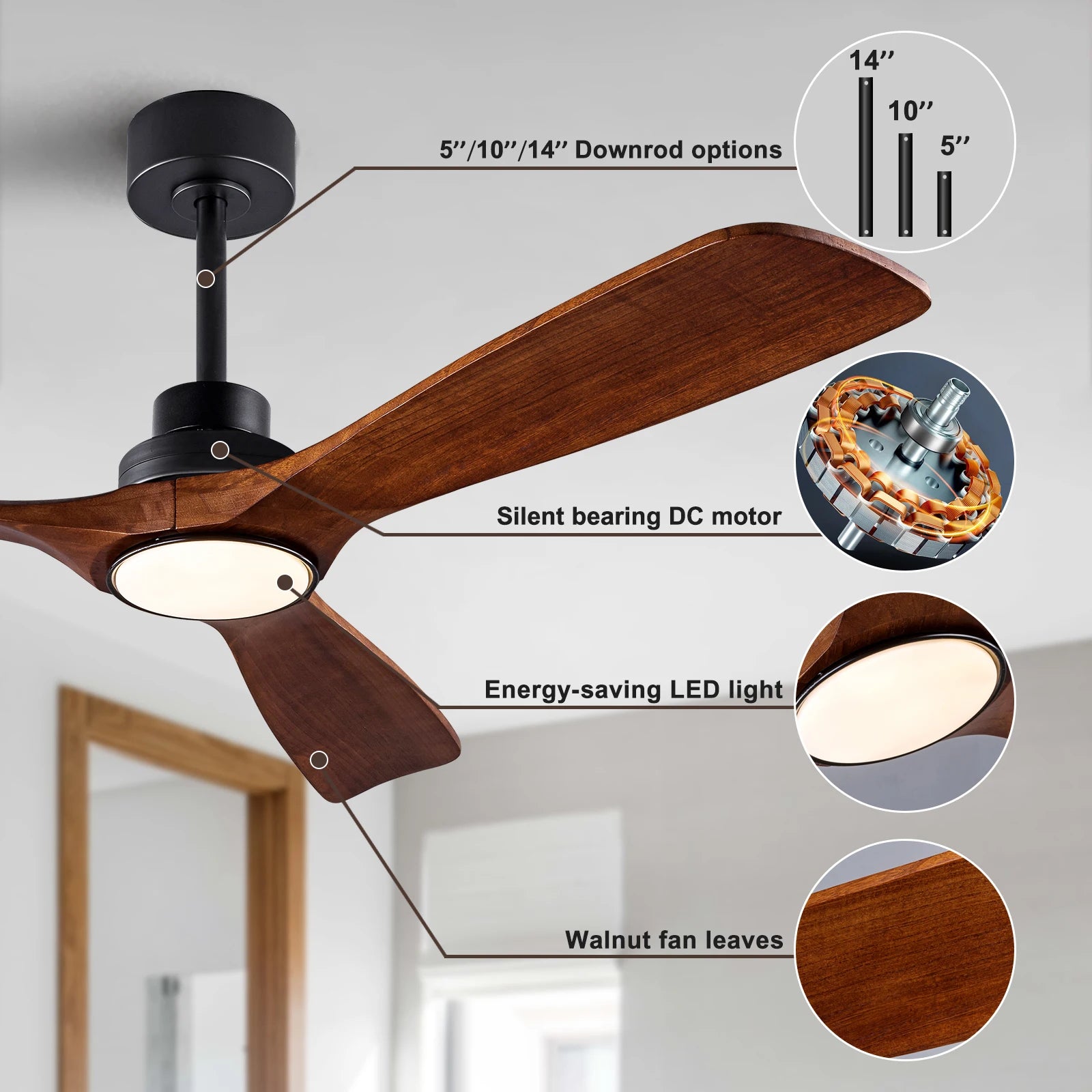 Moktan Sabai Wood Ceiling Fan with Lights 42 52 60 Inch Remote Control Quiet DC Motor Indoor
