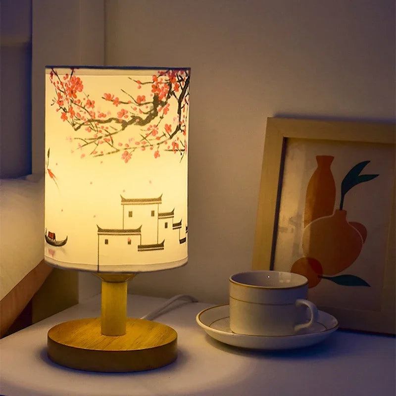 LED Square Table Lamp Dimmable Bedside Light Fabric Shade Chinese Style Decor
