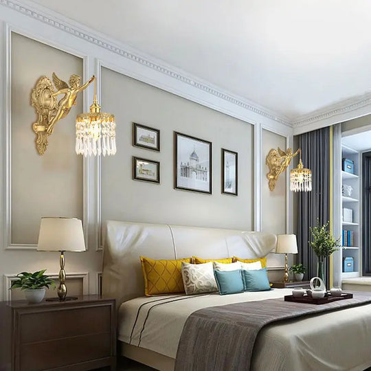 Moktan Sabai Brass Angel Wall Lamp Crystal Sconce Light Bedside Balcony Corridor Porch Decor