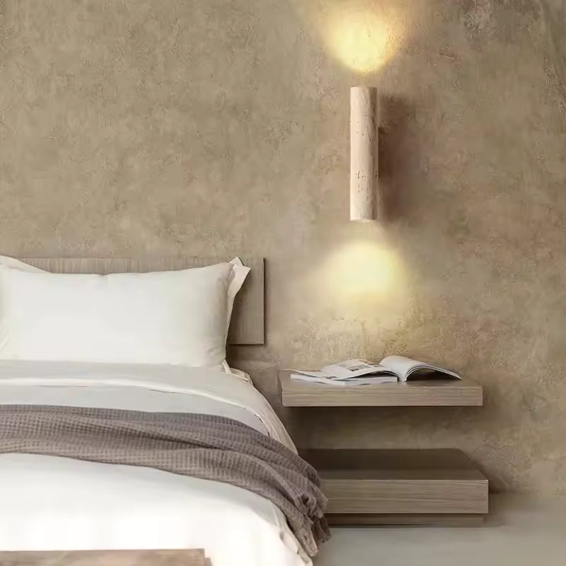 Moktan Sabai Modern Travertine Marble Cylinder LED Wall Sconce Warm White