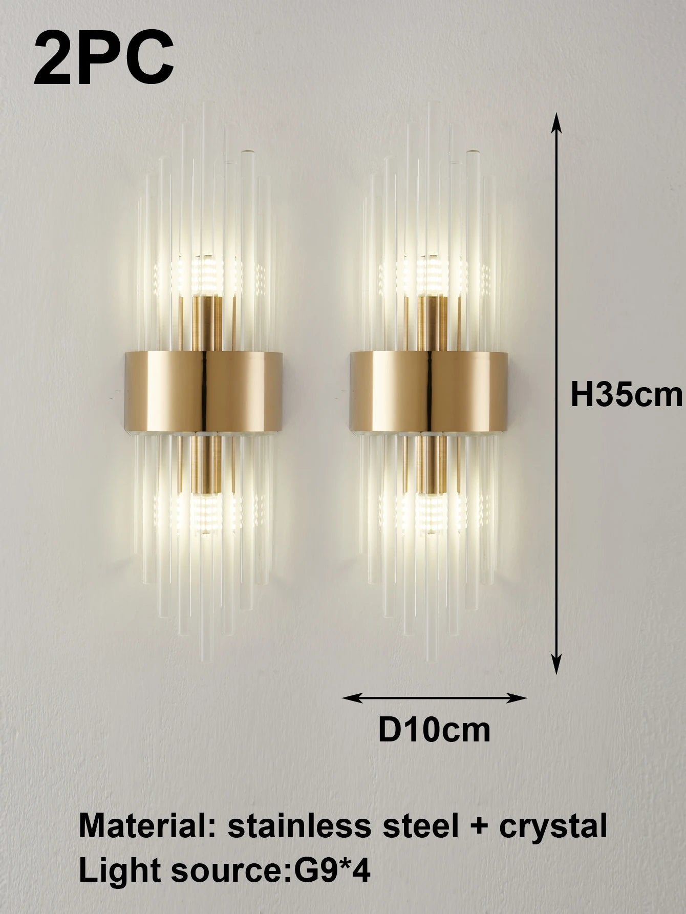 Moktan Sabai Crystal Wall Sconce G9 – Gold/Black Stainless Steel Light for Bedroom & Living Room Gold-2pc