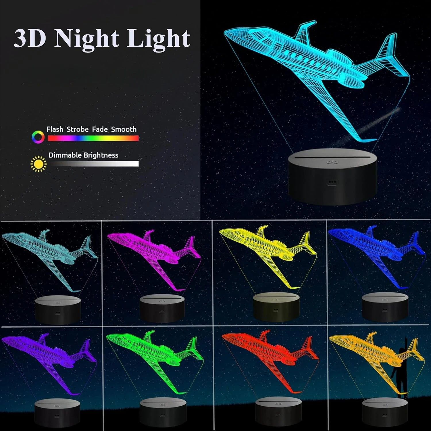 Moktan Sabai Airplane 3D LED Night Light | USB Illusion Bedside Lamp for Bedroom Decor