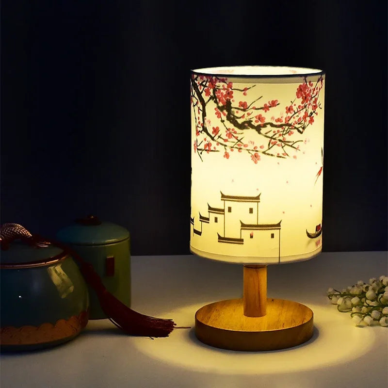 LED Square Table Lamp Dimmable Bedside Light Fabric Shade Chinese Style Decor