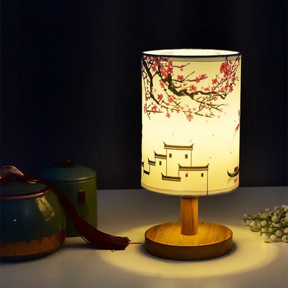 LED Square Table Lamp Dimmable Bedside Light Fabric Shade Chinese Style Decor