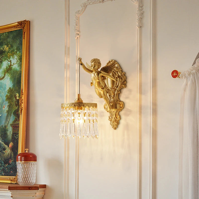 Moktan Sabai Brass Angel Wall Lamp Crystal Sconce Light Bedside Balcony Corridor Porch Decor