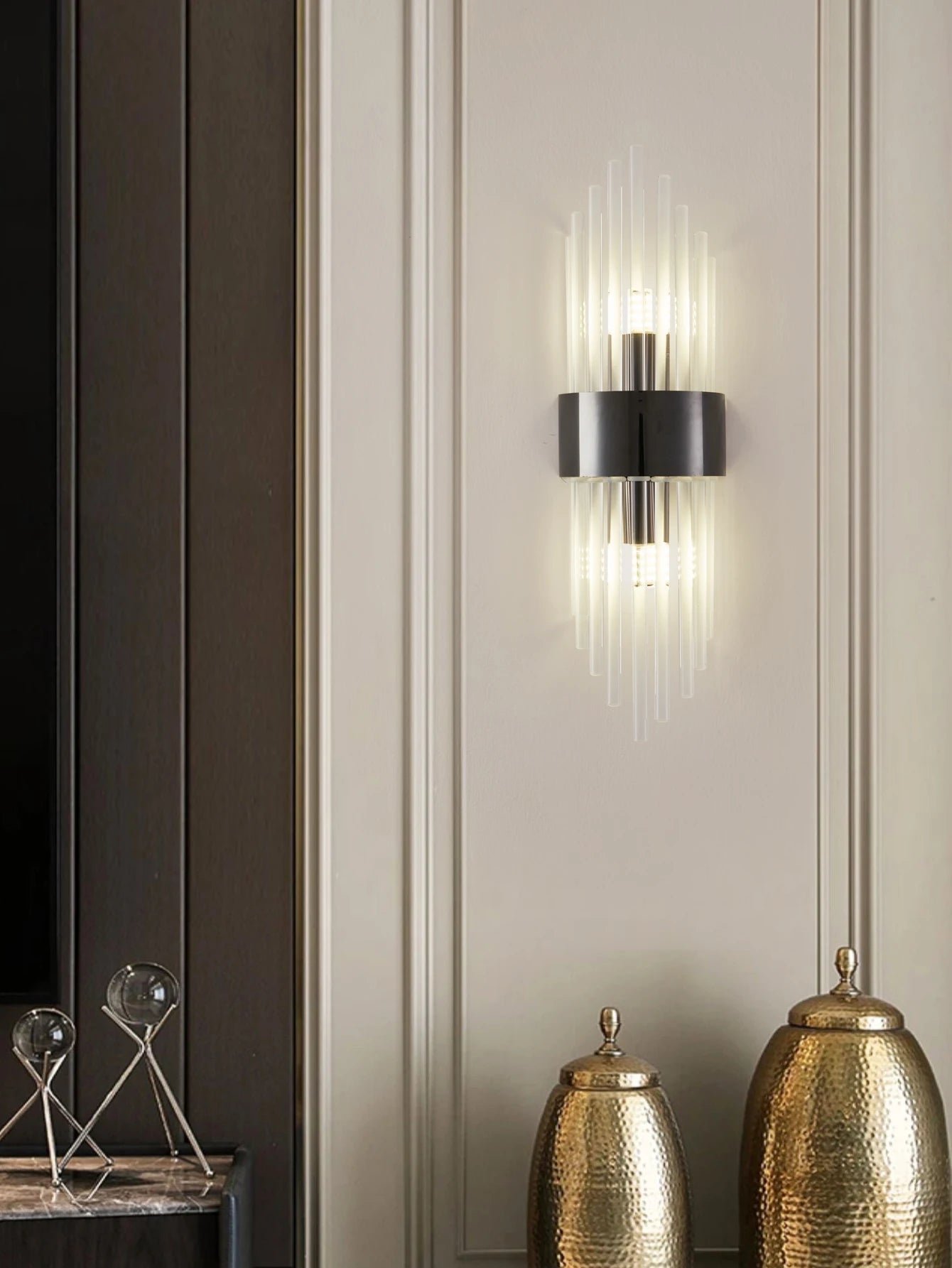 Moktan Sabai Crystal Wall Sconce G9 – Gold/Black Stainless Steel Light for Bedroom & Living Room