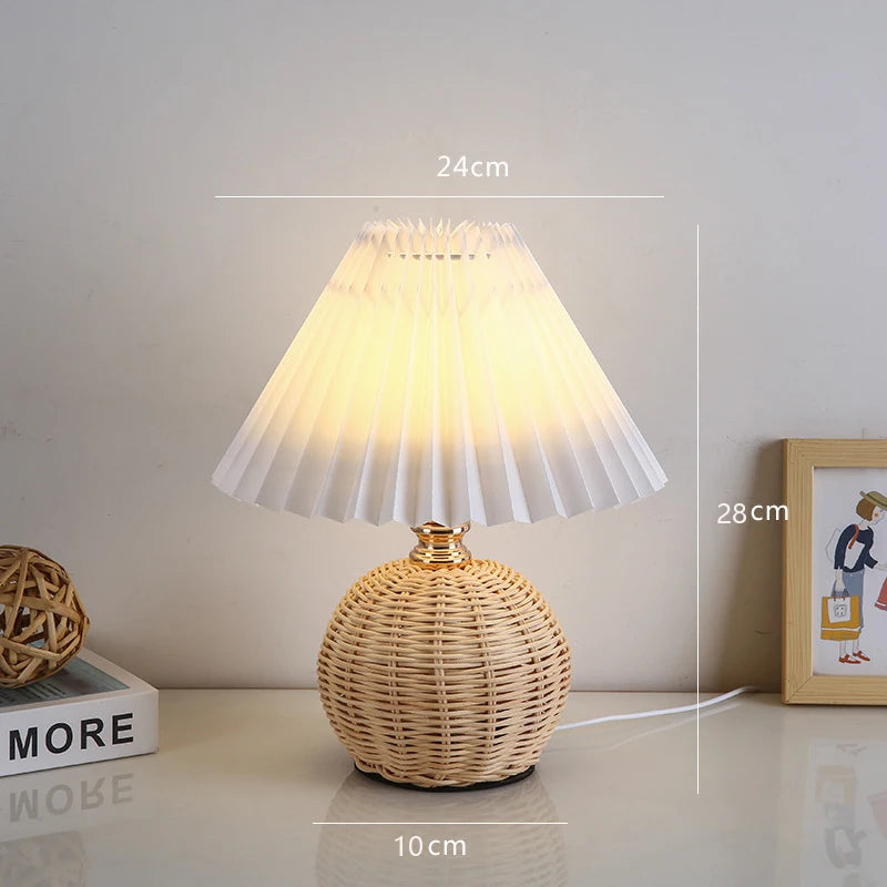 Moktan Sabai Pleated Fabric Bedside Table Lamp USB LED Light Retro Rattan Shade for Home Decor White shade