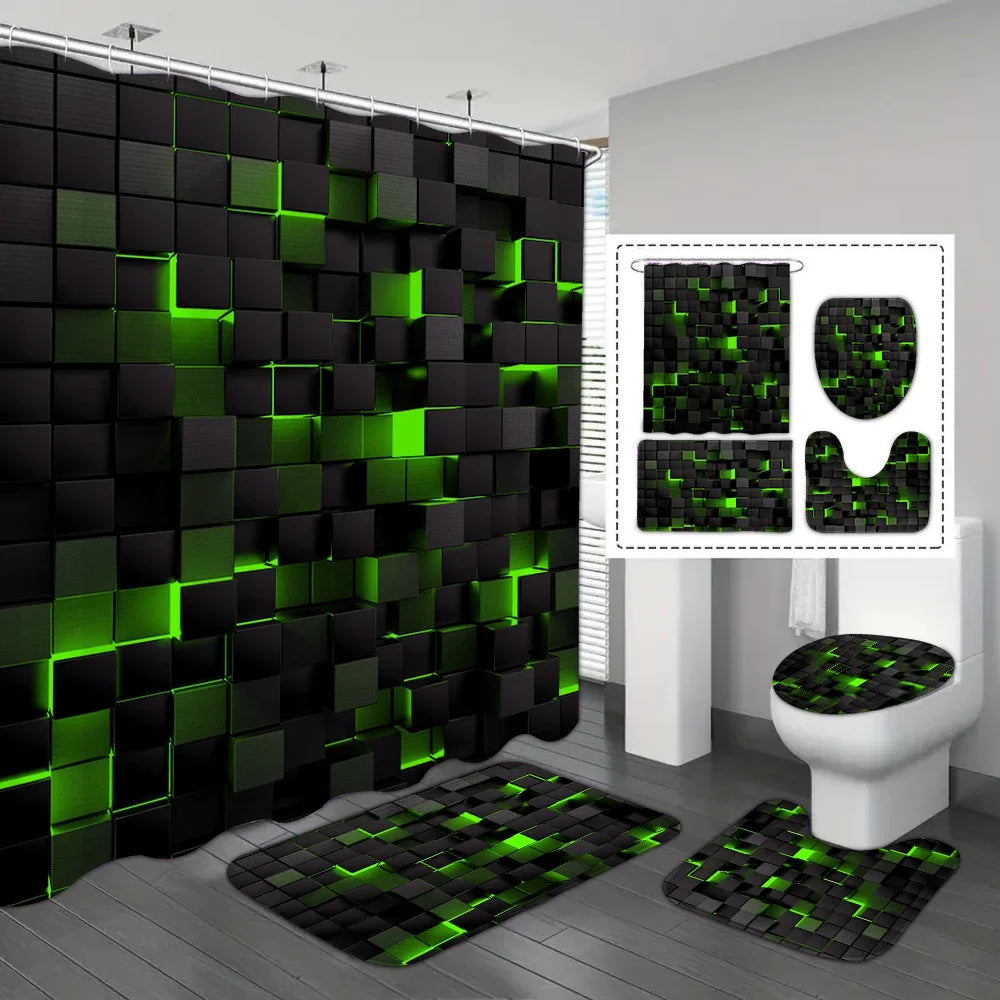 Moktan Sabai 4-Piece Waterproof Shower Curtain Set with Hooks & Bathroom Floor Mats Blue Black Dark Green-4pcs 180*180cm
