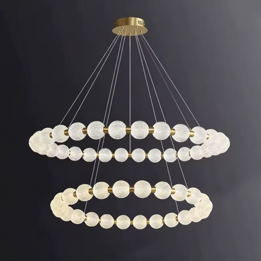 Moktan Sabai Alabaster Ring Chandelier – Gold Beaded LED Luxury Ceiling Light 2-layers 23.6″ + 39.4″ Gold & White