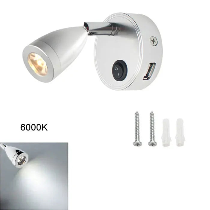 Moktan Sabai LED RV Reading Light 12V/24V with USB Port – Camper, Boat, Trailer Interior Lamp silver 6000K