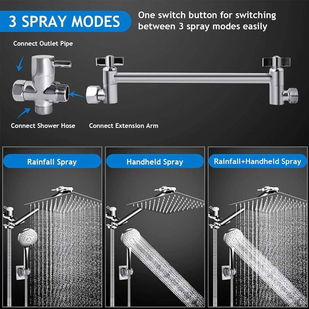Moktan Sabai High Pressure Rain Shower Head 8-12Inch with Handheld & Adjustable Arm Spray