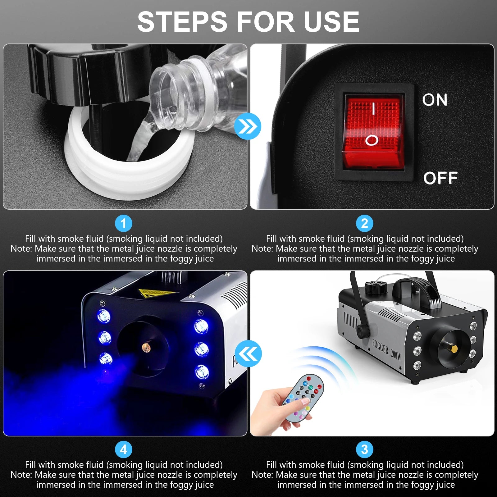Moktan Sabai 1200W Smoke Fog Machine with RGB 6LEDs Remote Stage Haze Generator for Parties